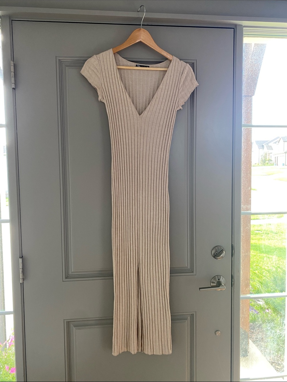 Zara Ribbed V-Neck Knit Maxi Dress With Slit  — Beige